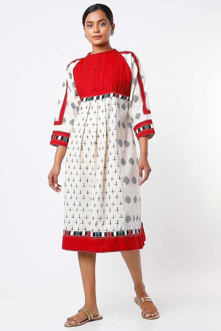 White & Red Handwoven Dress by THE WOVEN LAB