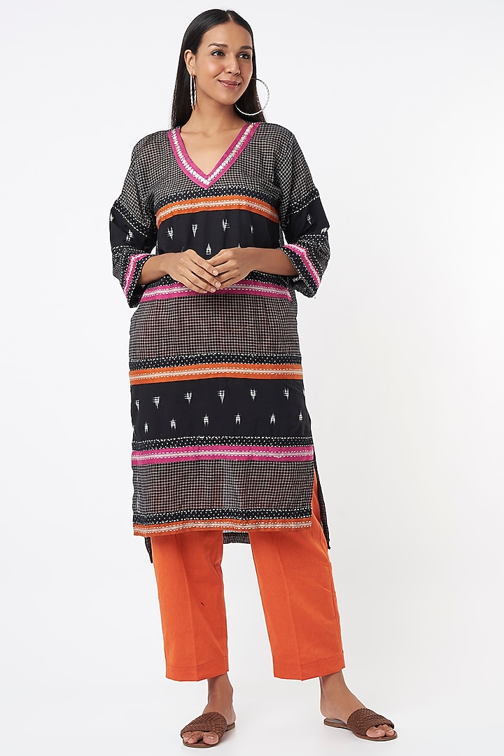 Black Cotton Printed Tunic Set by THE WOVEN LAB
