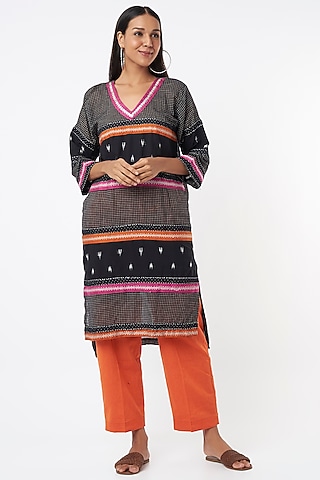 Black Cotton Printed Tunic Set by THE WOVEN LAB