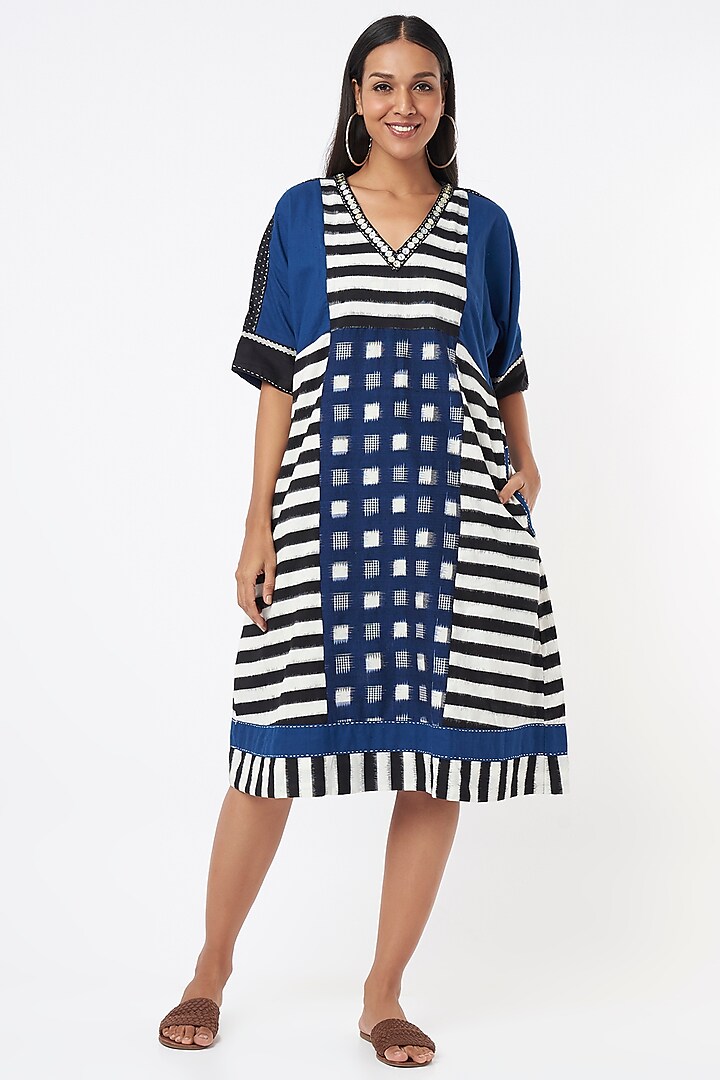 Cobalt Blue Cotton Printed Dress by THE WOVEN LAB