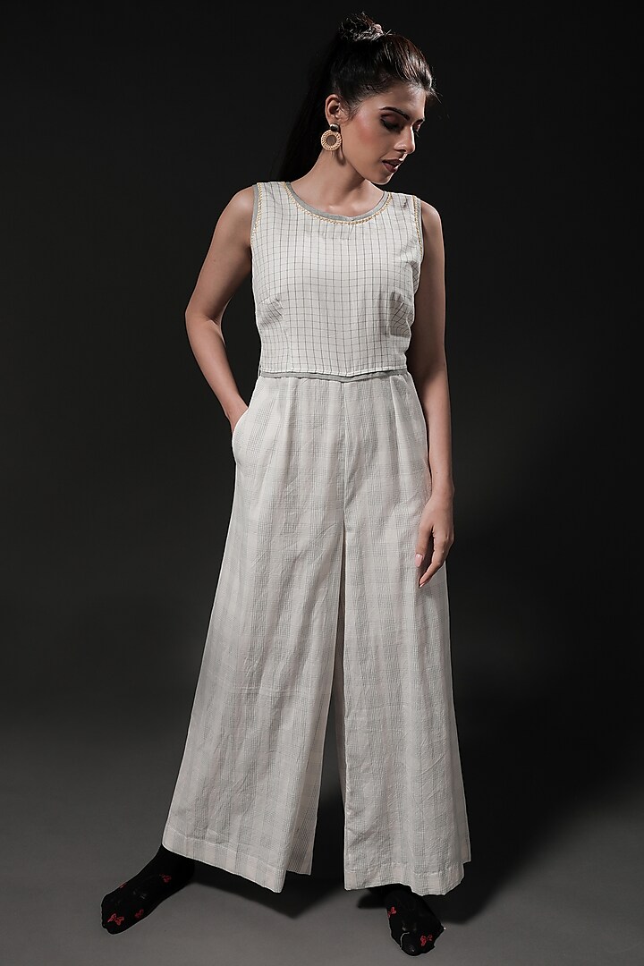 Ivory Handwoven Cotton Printed Jumpsuit by THE WOVEN LAB