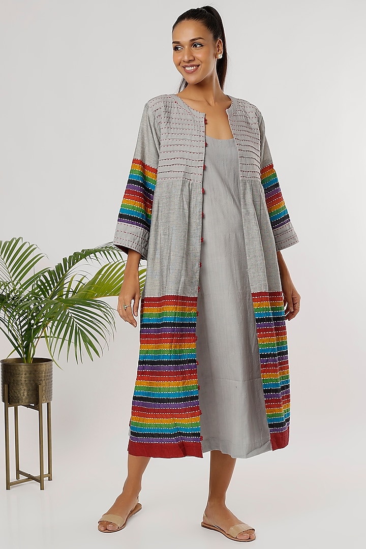 Grey Handwoven Cotton Jacket Dress by THE WOVEN LAB