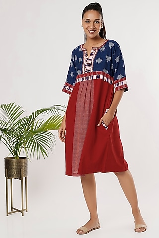 Red Handloom Cotton Ikat Dress by THE WOVEN LAB