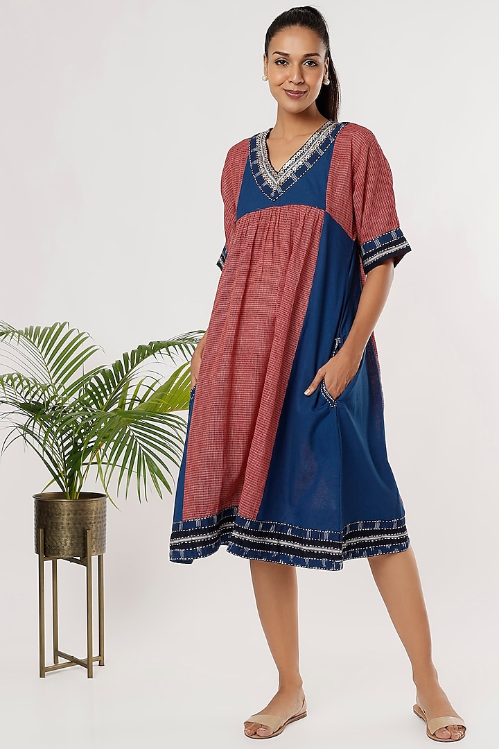 Red & Blue Cotton Checkered Dress by THE WOVEN LAB