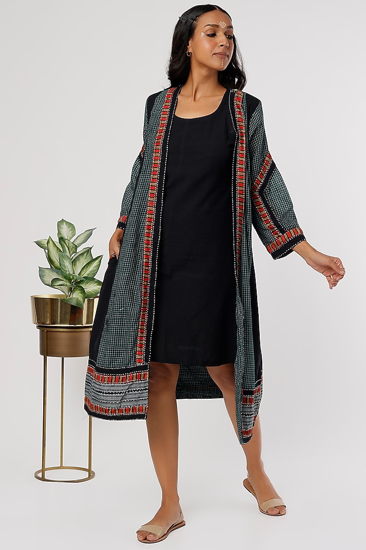 Black Handcrafted Long Jacket by THE WOVEN LAB