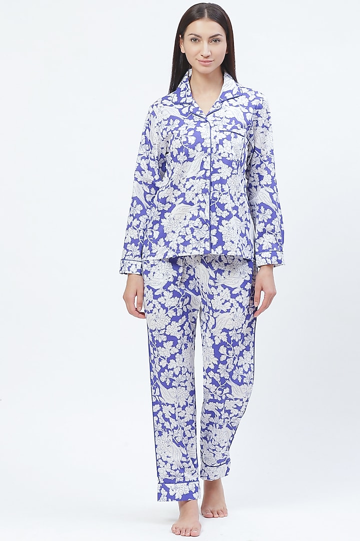 Blue Floral Printed Night Suit by CatNap