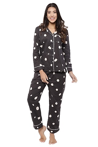 Black Polka Dotted Night Suit by CatNap