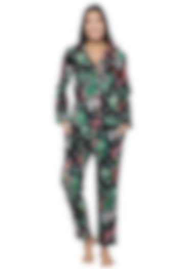 Black & Green Floral Printed Night Suit by CatNap at Pernia's Pop Up Shop