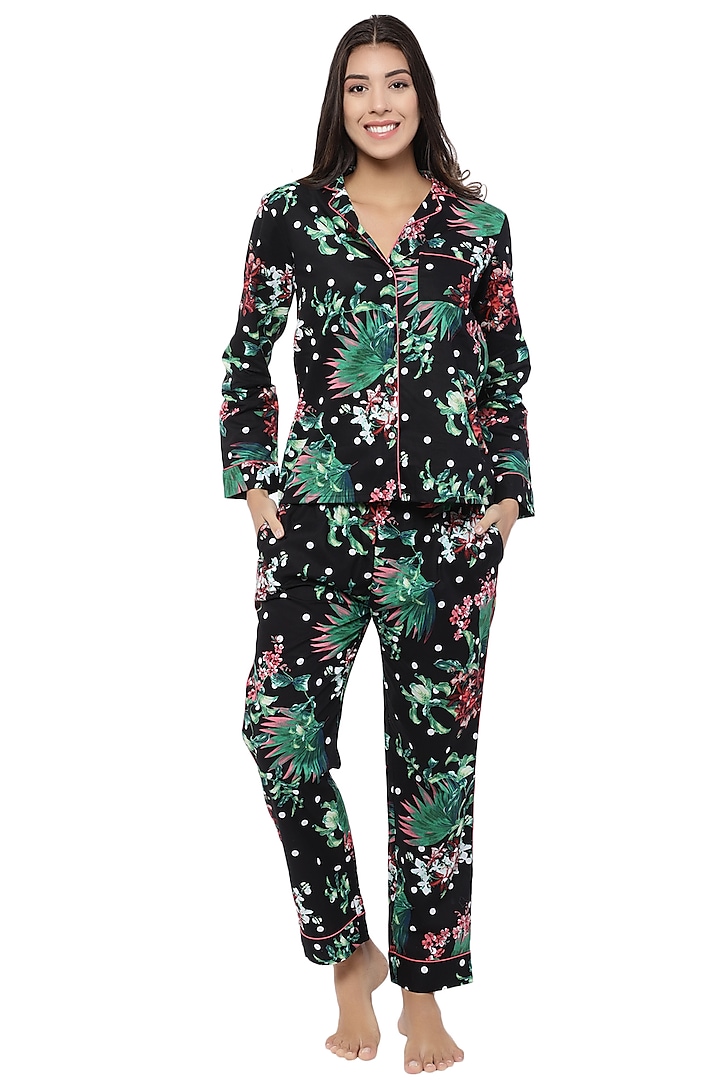 Black & Green Floral Printed Night Suit by CatNap