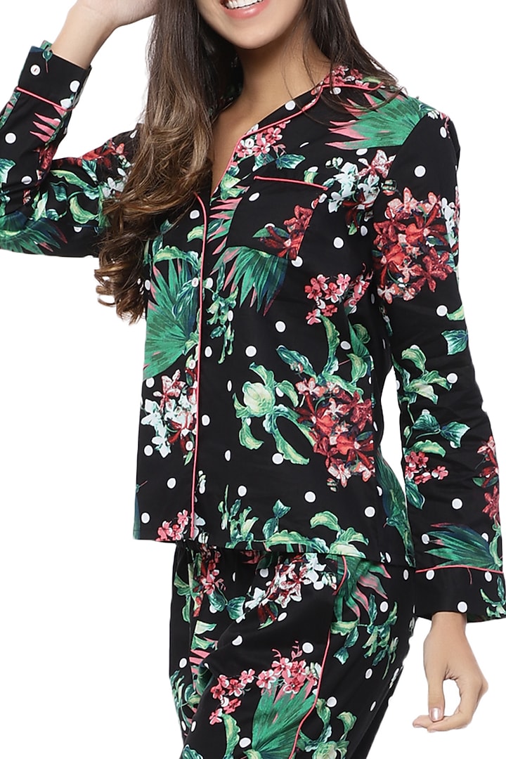 Black & Green Floral Printed Night Suit by CatNap at Pernia's Pop Up Shop