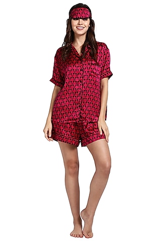 Red Mulberry Silk Printed Night Suit by CatNap