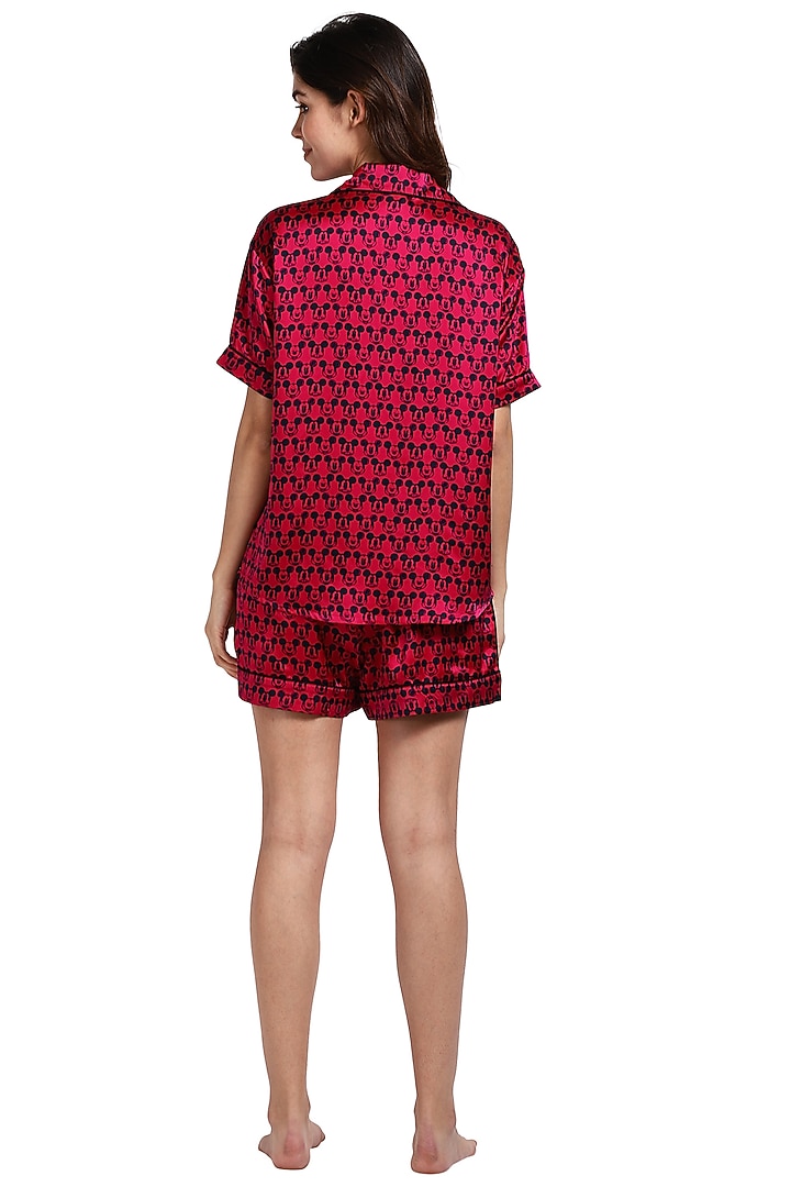 Red Mulberry Silk Printed Night Suit by CatNap at Pernia's Pop Up Shop