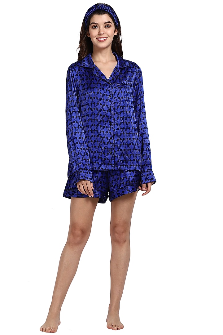 Blue Mulberry Silk Printed Night Suit by CatNap