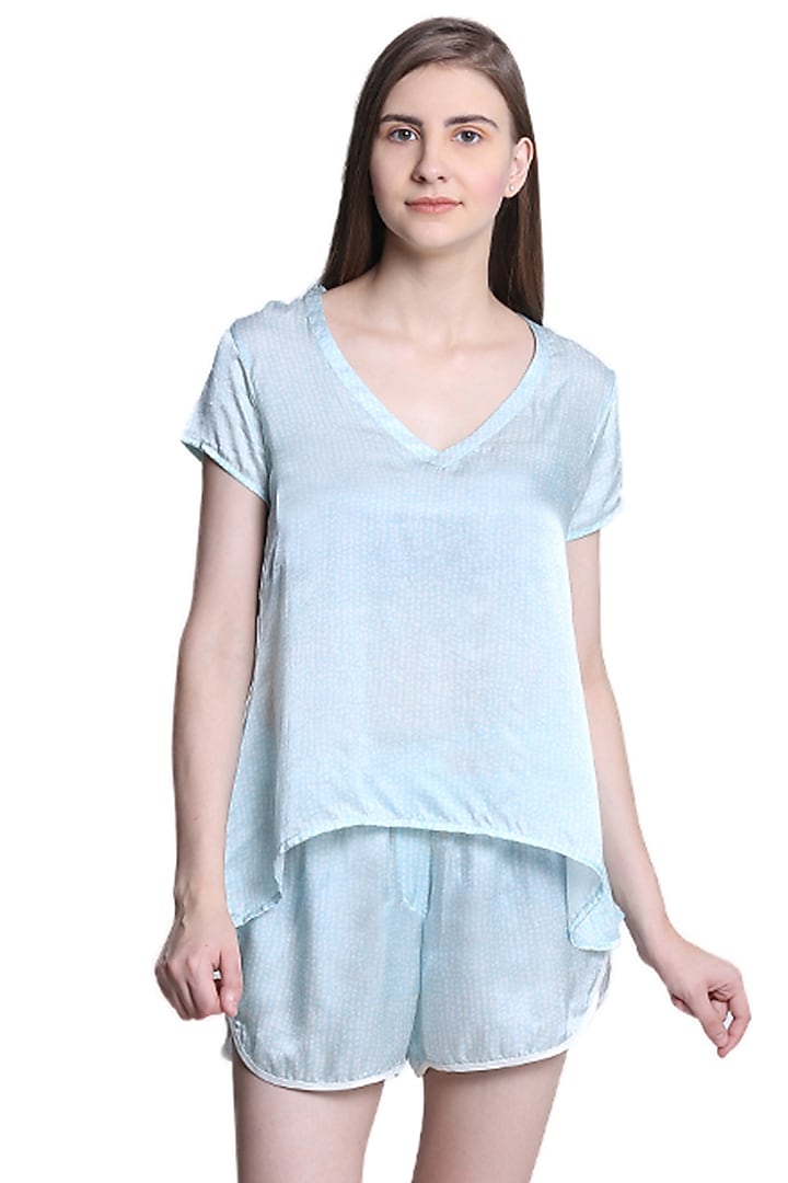 Powder Blue Mulberry Silk Printed Night Suit by CatNap at Pernia's Pop Up Shop