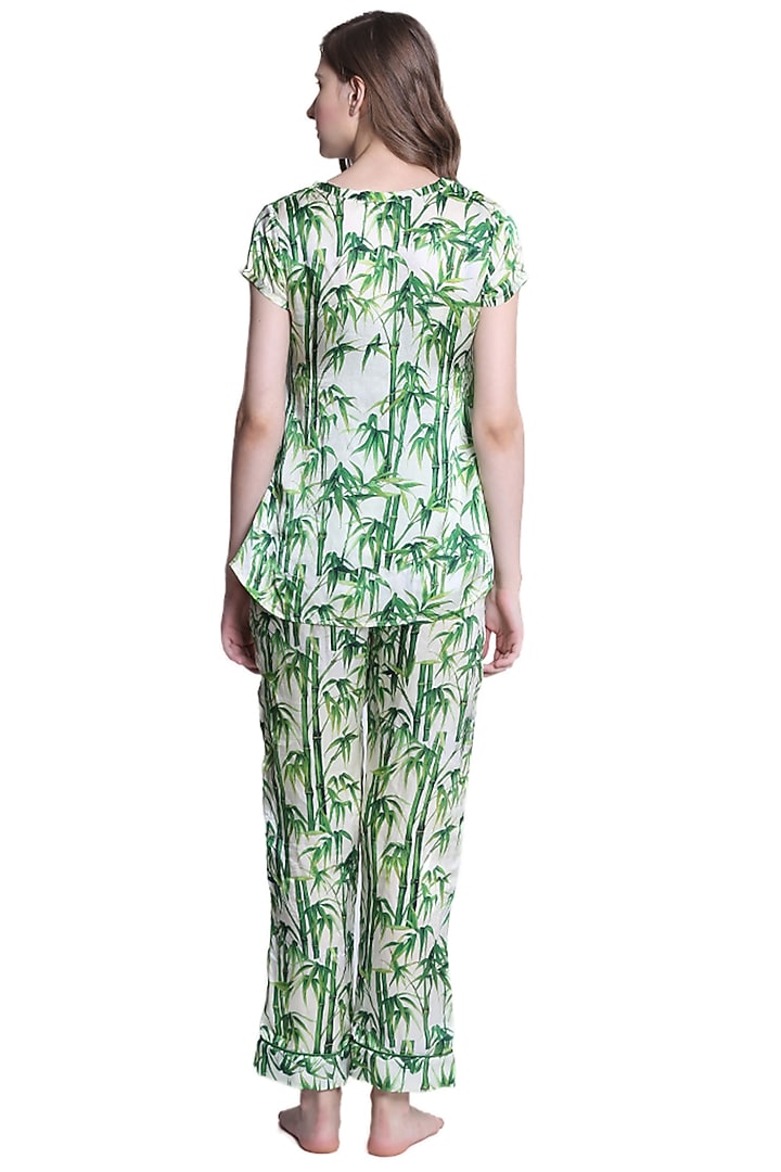 Green Mulberry Silk Printed Night Suit by CatNap at Pernia's Pop Up Shop