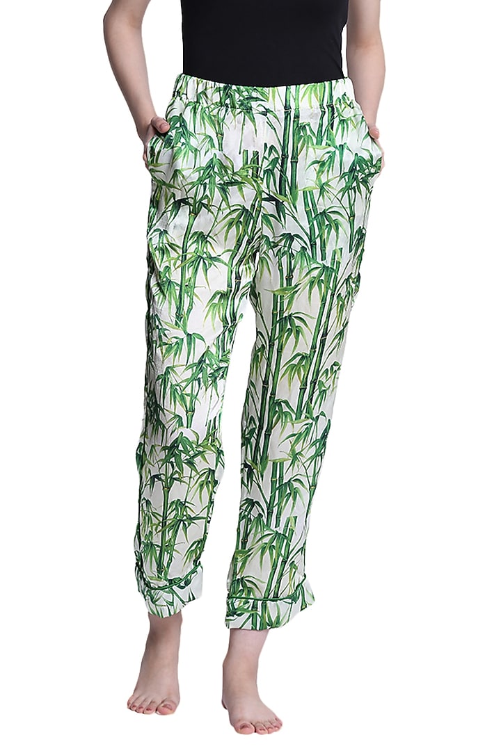 Green Mulberry Silk Printed Night Suit by CatNap at Pernia's Pop Up Shop