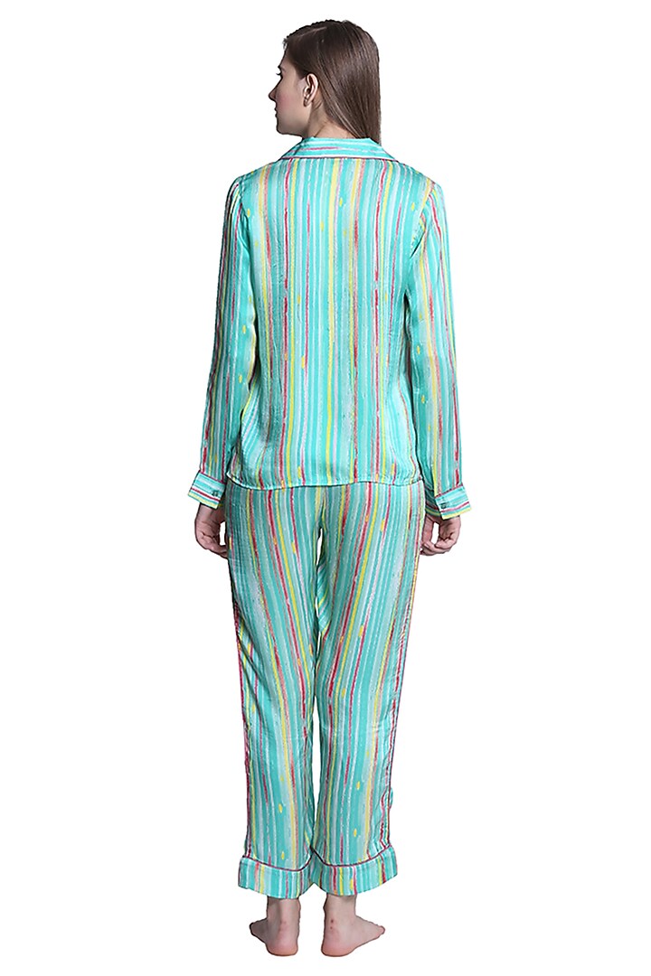 Green Mulberry Silk Printed Striped Night Suit by CatNap at Pernia's Pop Up Shop