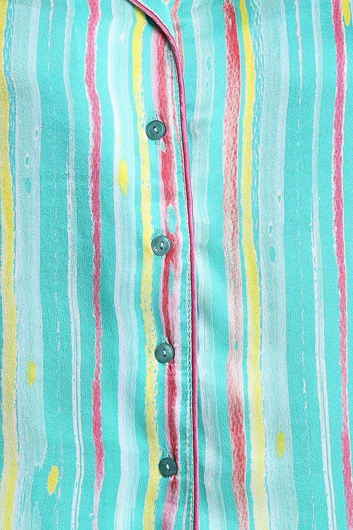 Green Mulberry Silk Printed Striped Night Suit by CatNap at Pernia's Pop Up Shop