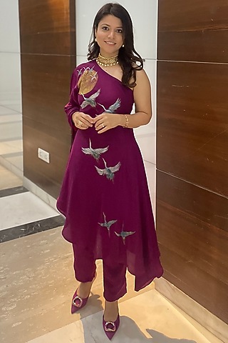 Burgundy Art Crepe Hand Painted Co-Ord Set by Kyra By Nina & Deepika