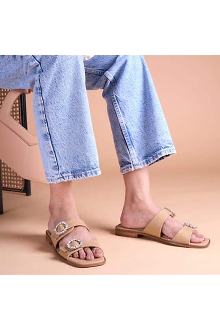 Beige PU Vegan Leather Buckle Embellished Flats by CAI at Pernia's Pop Up Shop