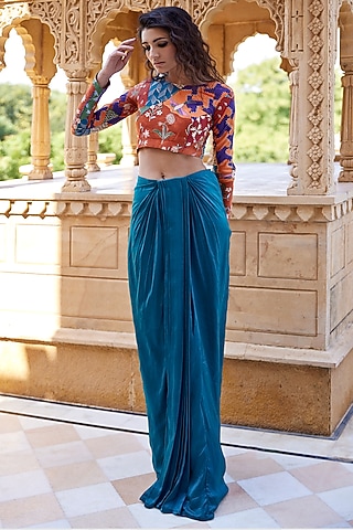 Teal Modal Satin Pleated Skirt Set by AMROOD