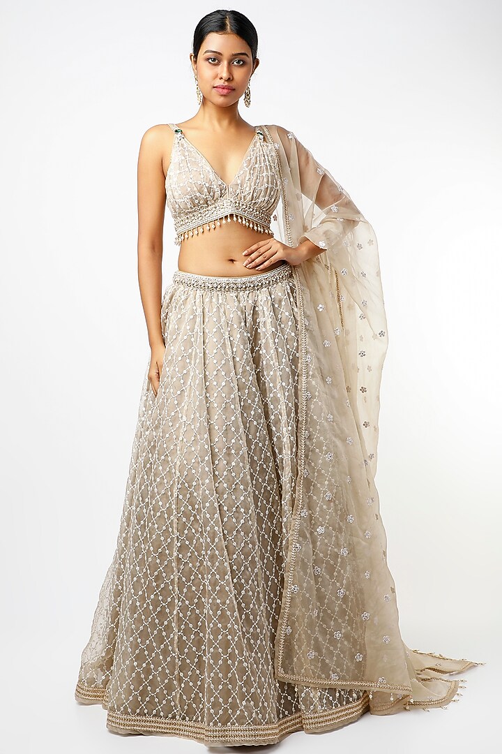 Sand-Beige Embroidered Wedding Lehenga Set by Cedar and Pine at Pernia's Pop Up Shop