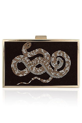 Brown Snake Motif Crystal Work Clutch by RASEEL AT CASAPOP