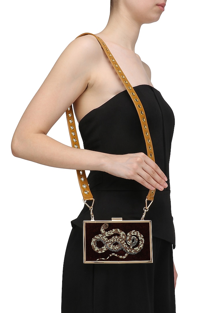 RASEEL AT CASAPOP presents Brown snake motif crystal work clutch available only at Pernia's Pop Up Shop.