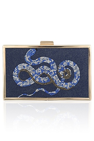 Blue Snake Motif Crystal Work Clutch by RASEEL AT CASAPOP