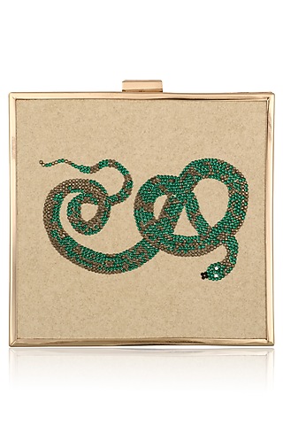White Snake Motif Crystal Work Clutch by RASEEL AT CASAPOP
