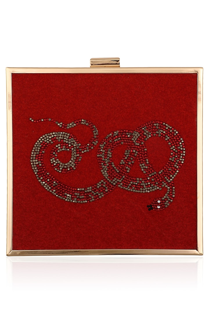 Red Snake Motif Crystal Work Clutch by RASEEL AT CASAPOP