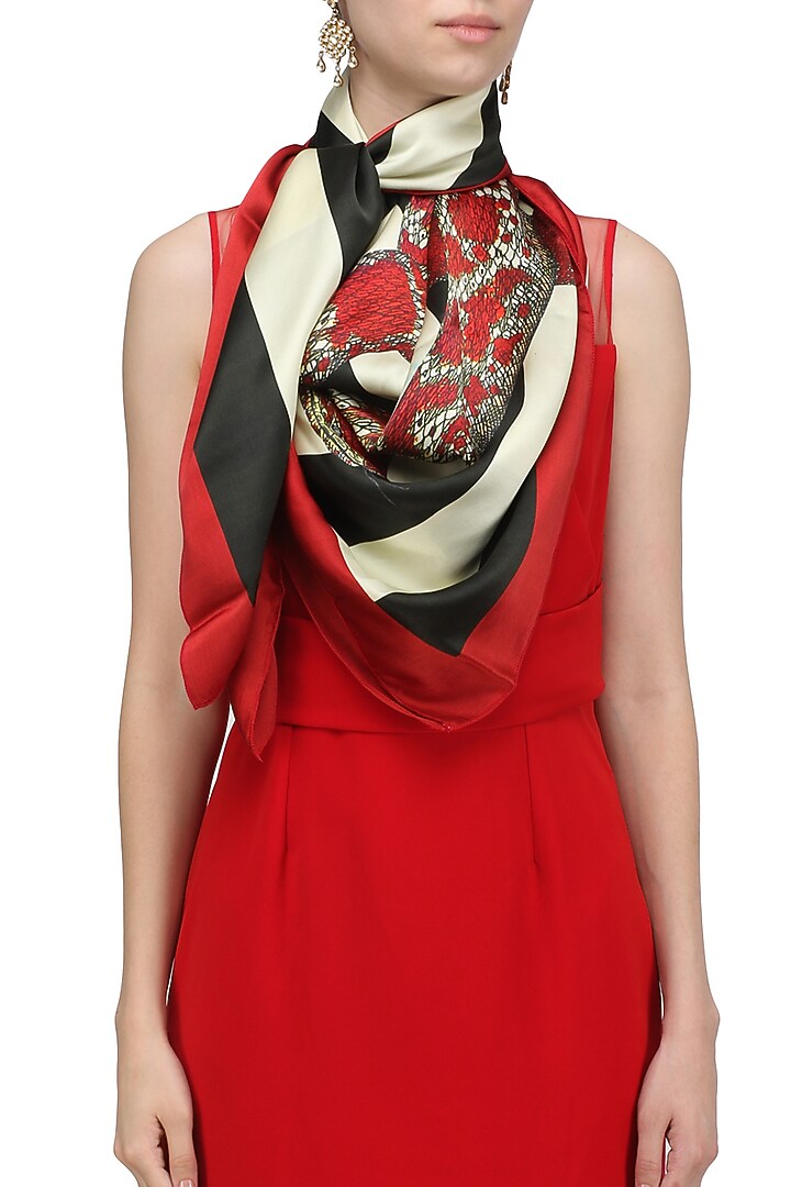RASEEL AT CASAPOP presents White and black digital snake motif scarf available only at Pernia's Pop Up Shop.