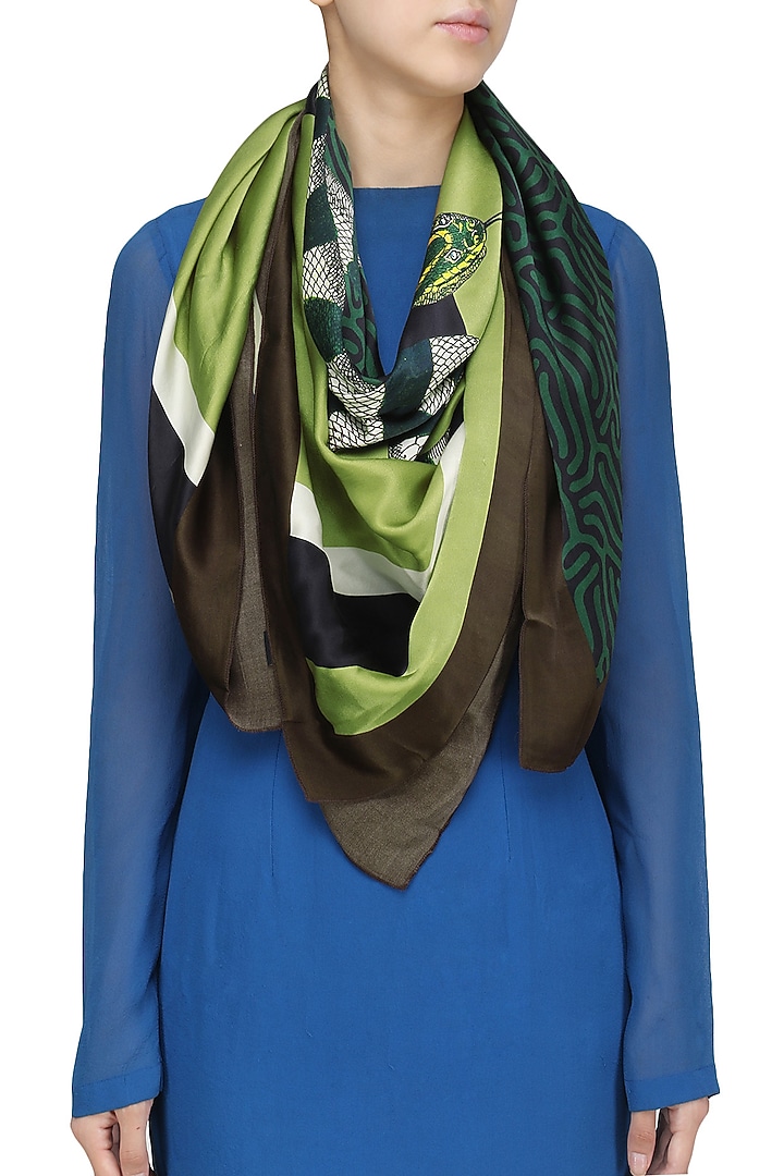 RASEEL AT CASAPOP presents Brown striped digital snake motif scarf available only at Pernia's Pop Up Shop.