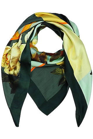Dark Green Striped Digital Floral Motif Scarf by RASEEL AT CASAPOP