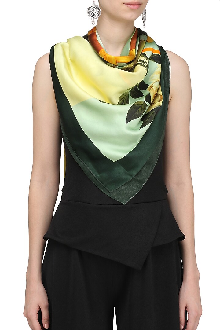 RASEEL AT CASAPOP presents Dark green striped digital floral motif scarf available only at Pernia's Pop Up Shop.