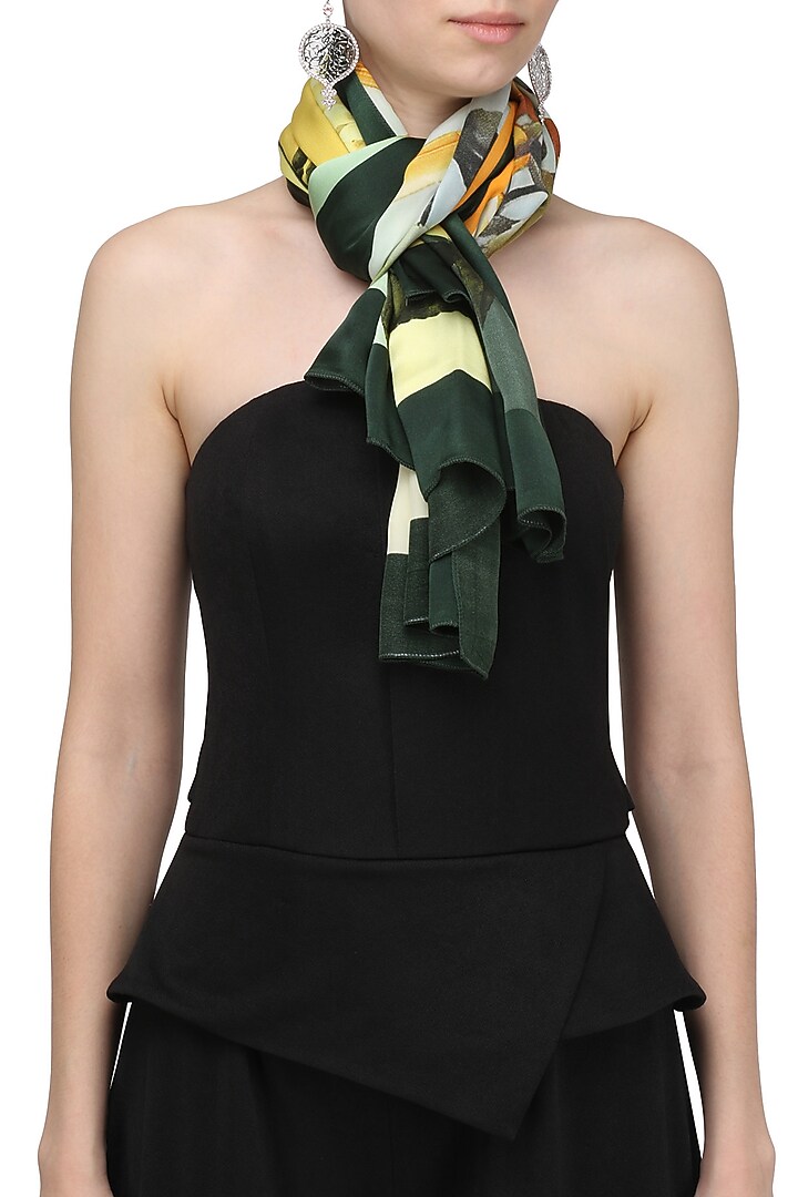 RASEEL AT CASAPOP presents Dark green striped digital floral motif scarf available only at Pernia's Pop Up Shop.
