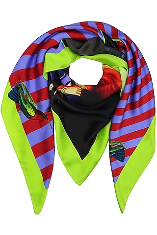 Lime Striped Conversational Digital Print Scarf by RASEEL AT CASAPOP