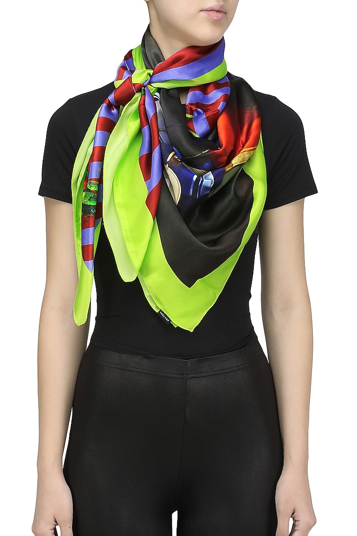RASEEL AT CASAPOP presents Lime striped conversational digital print scarf available only at Pernia's Pop Up Shop.