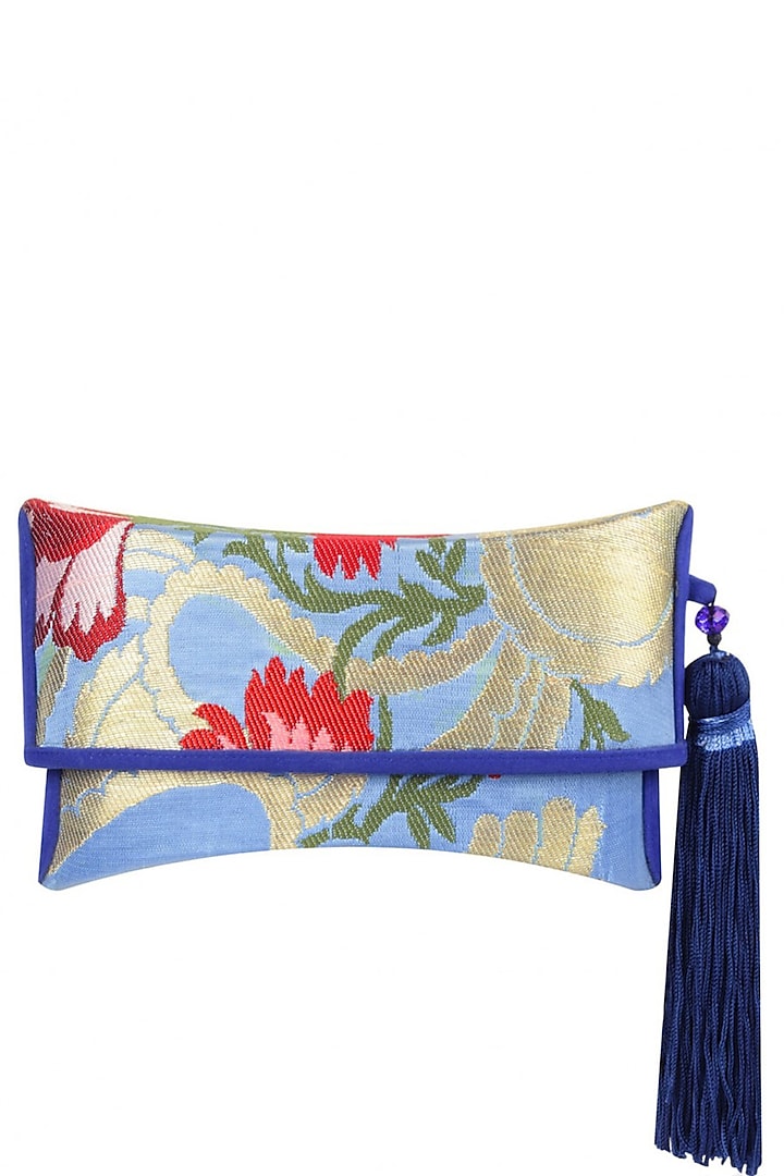 Turquoise Blue Floral Pattern Hand Woven Pouch Clutch by RASEEL AT CASAPOP