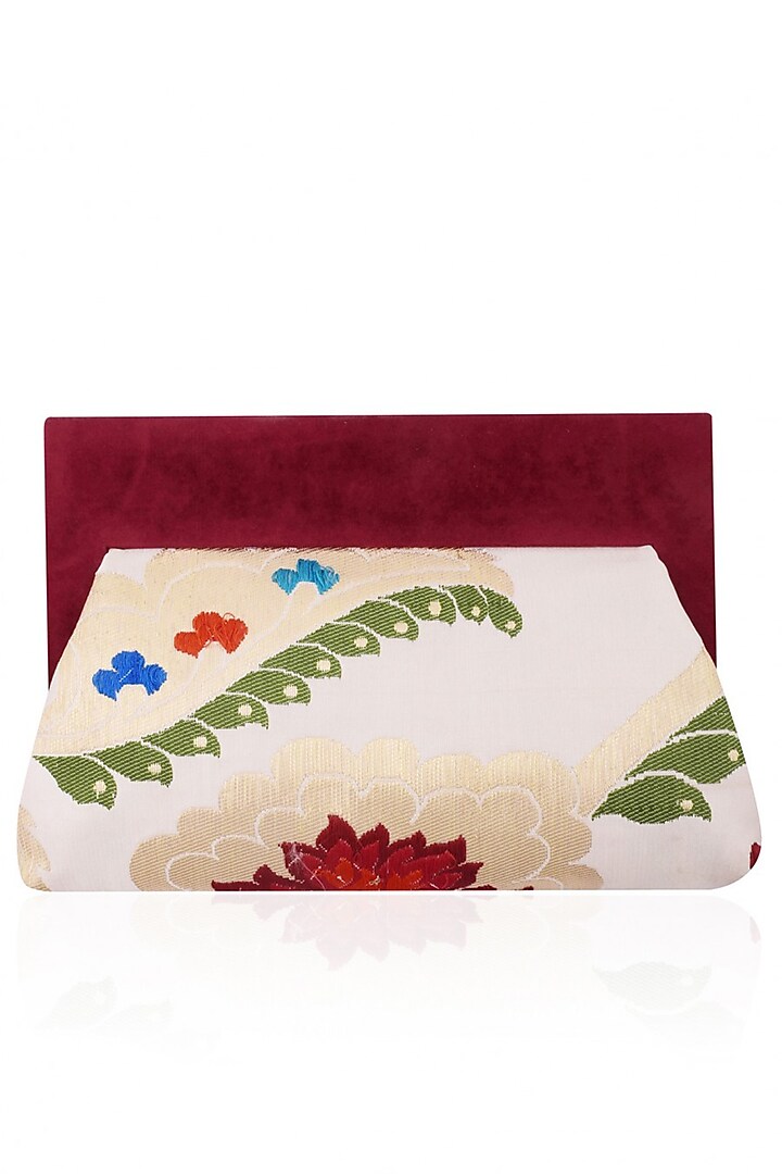 White and Maroon Floral Pattern Pouch Clutch Bag by RASEEL AT CASAPOP