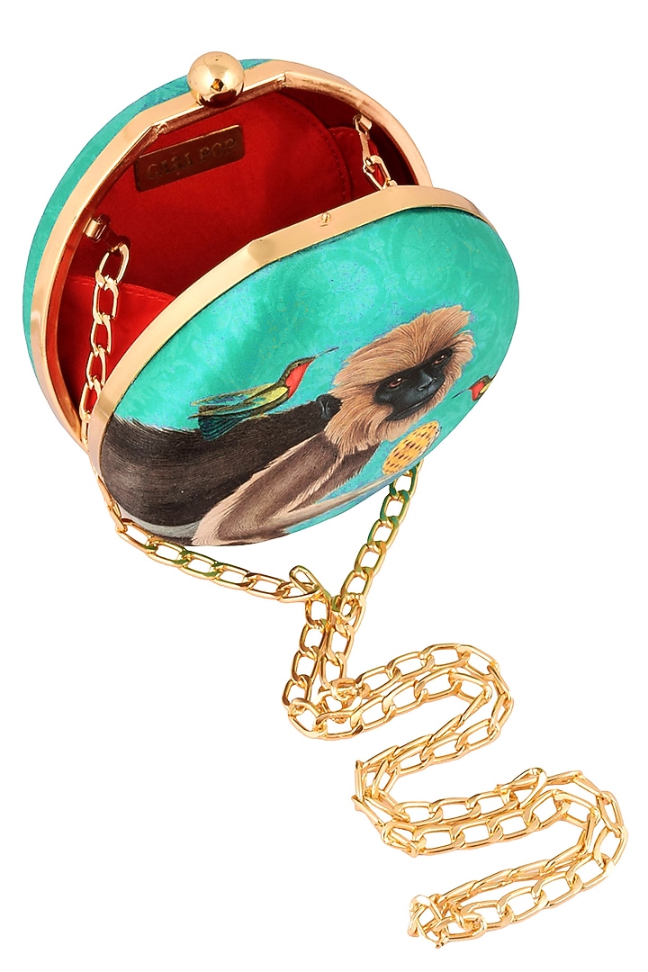 RASEEL AT CASAPOP presents Green Monkey Print Round Box Clutch available only at Pernia's Pop Up Shop.