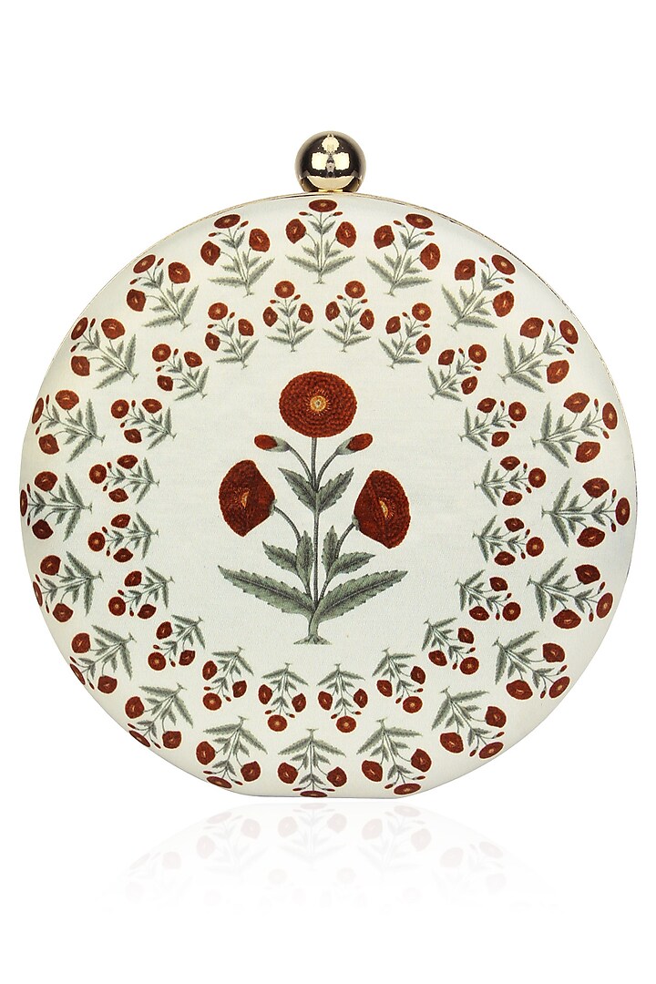 White and Red Floral Print Round Box Clutch by RASEEL AT CASAPOP