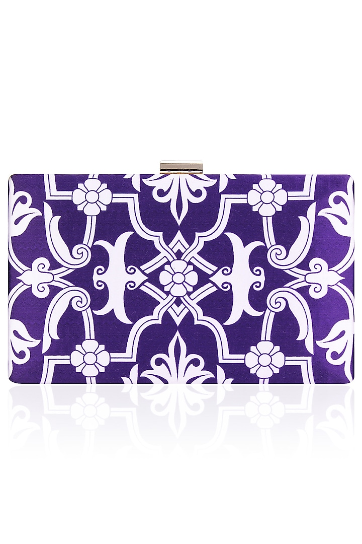 Navy and White Mughal Print Rectangular Box Clutch by RASEEL AT CASAPOP