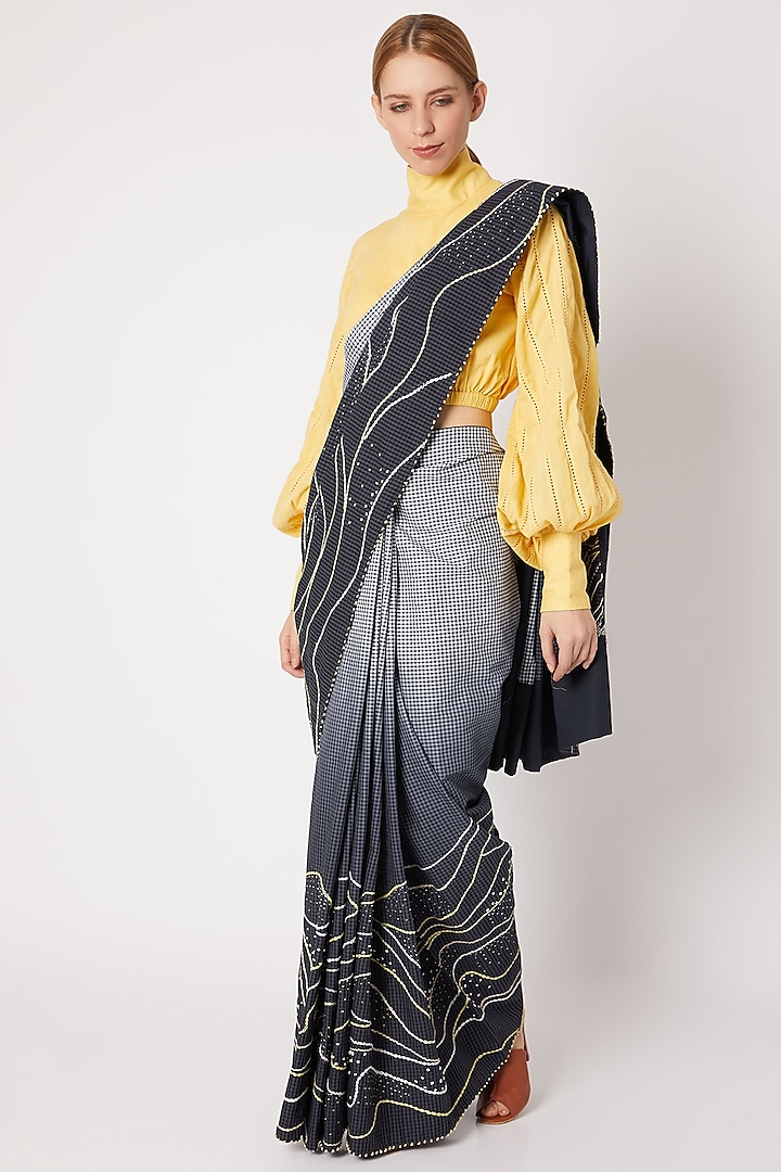 Navy Blue To White Ombre Embroidered Saree by Chambray & Co.