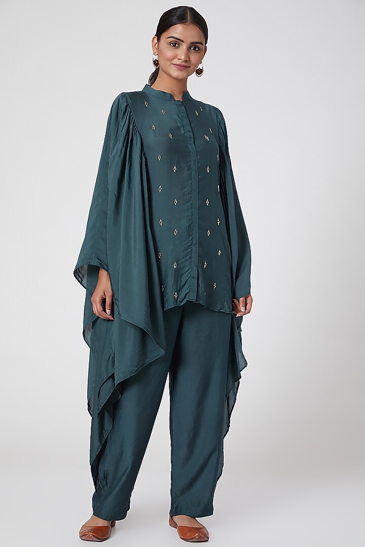 Turquoise Embroidered Pants Set by Chambray & Co. at Pernia's Pop Up Shop