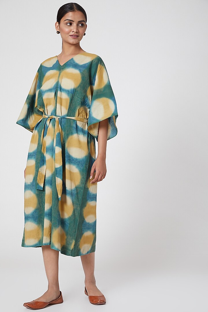 Turquoise Printed Tie-Up Dress With Belt by Chambray & Co.