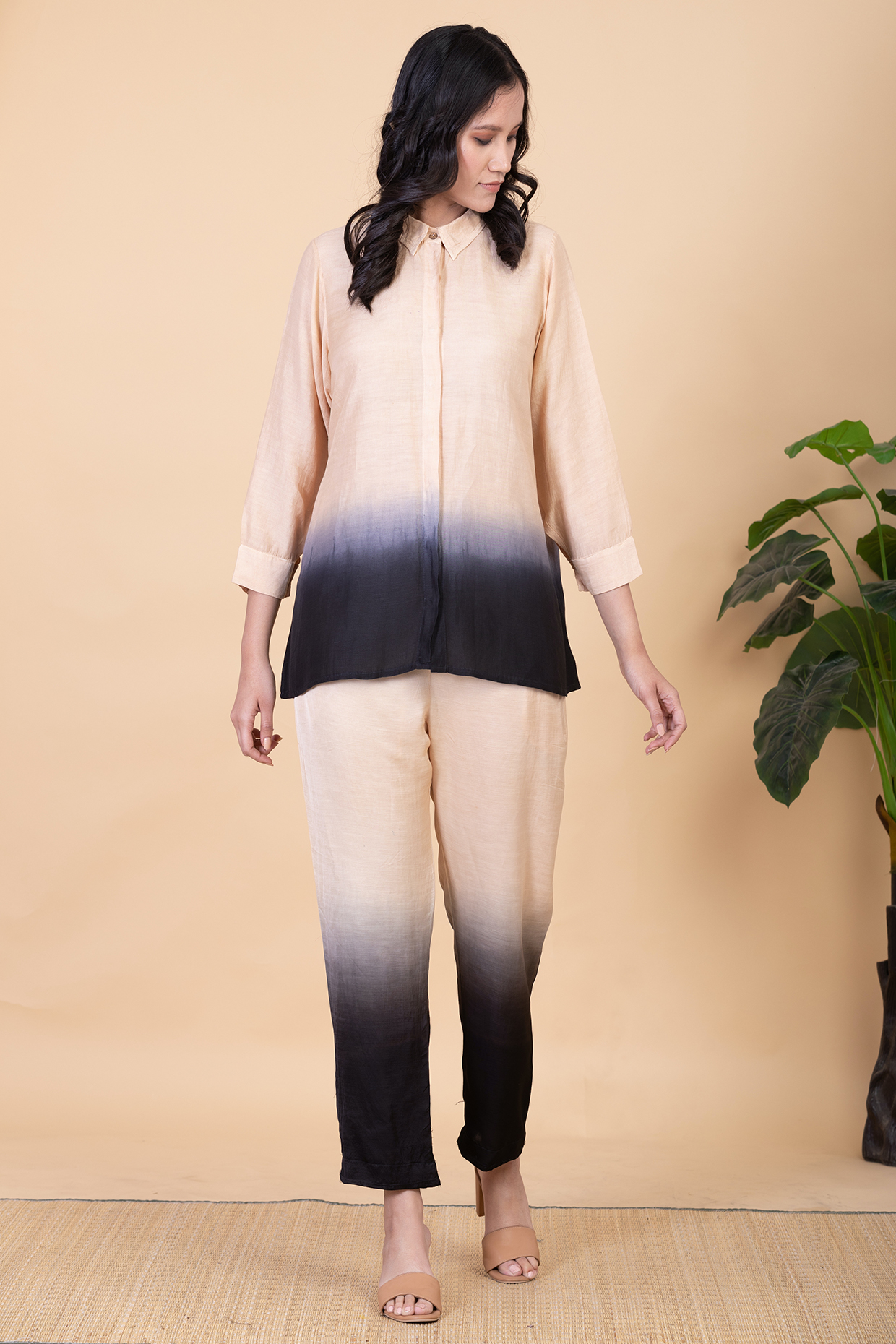 Vanilla & Charcoal Ombre Silk Georgette Co-Ord Set by Chambray & Co. at Pernia's Pop Up Shop