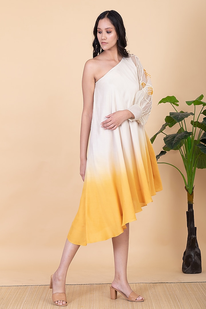 Ivory & Yellow Silk Ombre Embroidered One-Shoulder Dress by Chambray & Co.