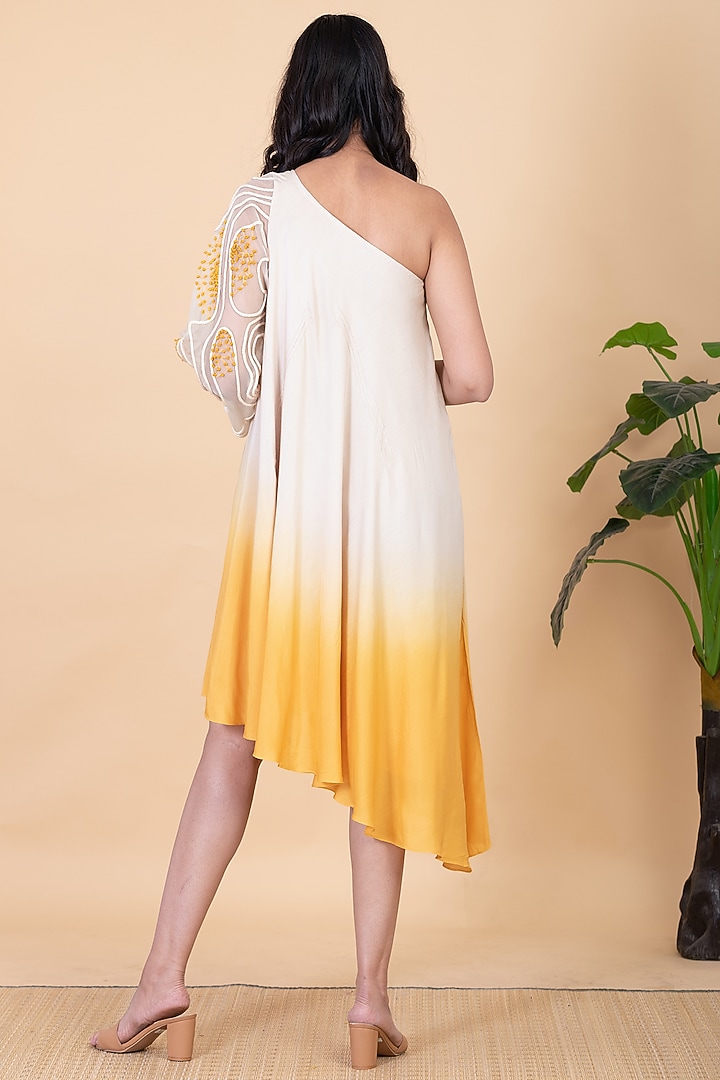 Ivory & Yellow Silk Ombre Embroidered One-Shoulder Summer Dress by Chambray & Co. at Pernia's Pop Up Shop