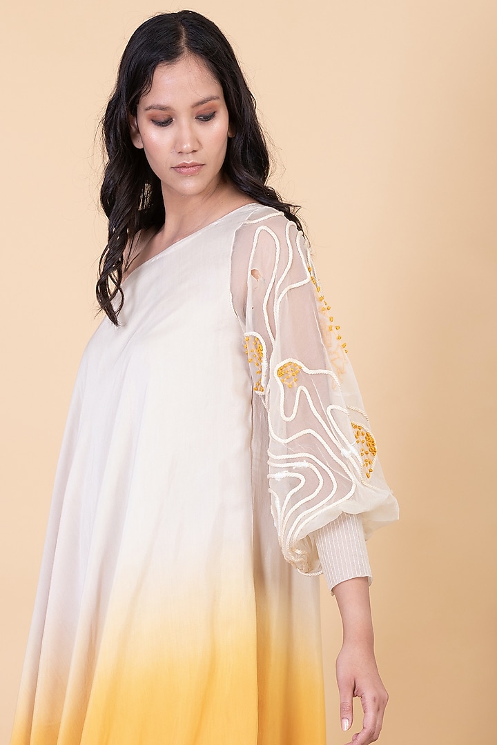 Ivory & Yellow Silk Ombre Embroidered One-Shoulder Summer Dress by Chambray & Co. at Pernia's Pop Up Shop